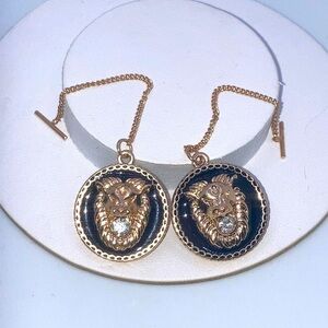 Vtg Gold Tone Black Enamel Rhinestone Lion Coin Threader Earrings 2.9”